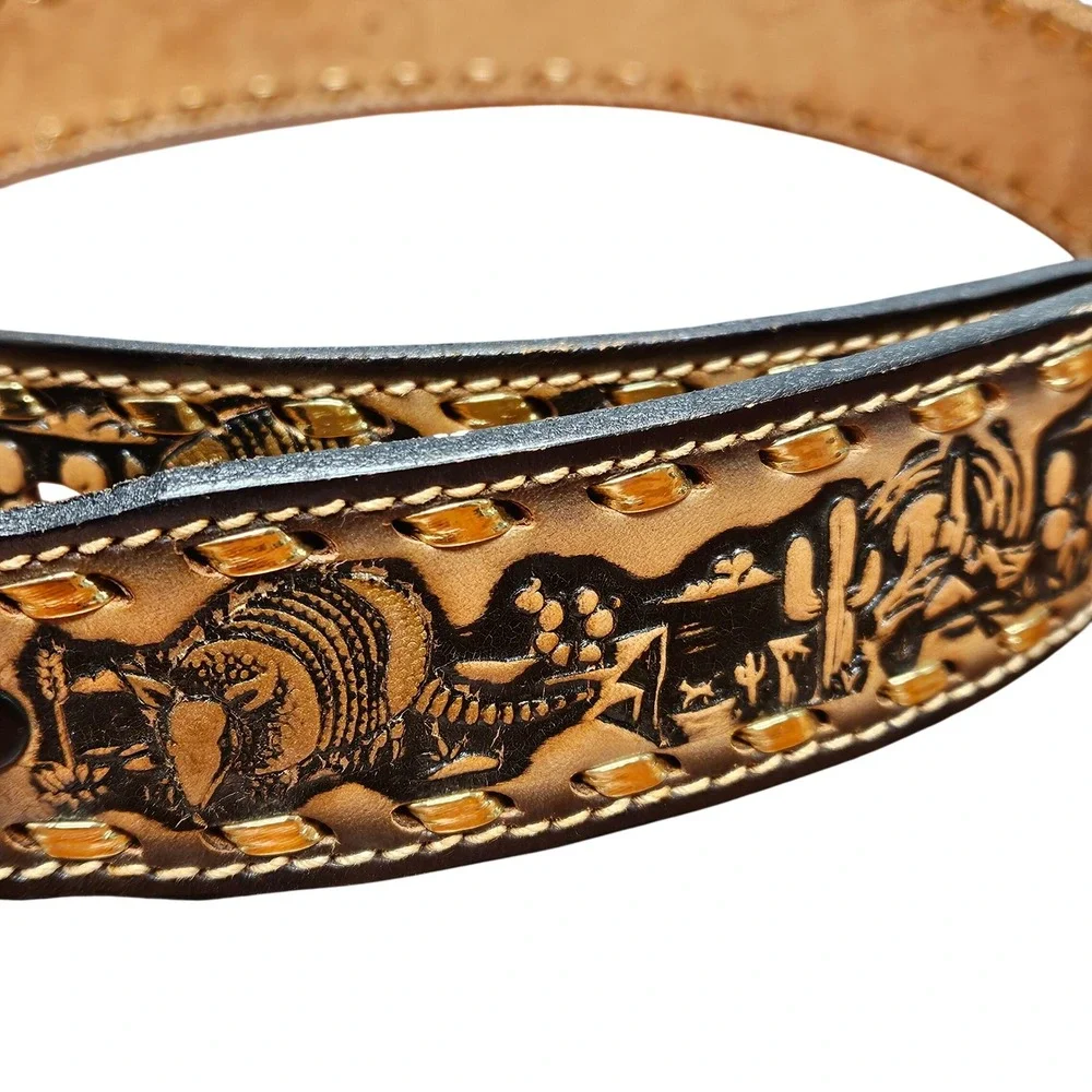Ranch Pal Mens Brown Tooled Leather Western Belt Armadillo Steer Skull Size 34